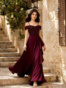 Teen Girl Sequin Patchwork Satin Ruffle Spaghetti Strap Ruffle Hem Slit Full Skirt Dress For Wedding Sweet 16 Prom Performance Burgundy Summer - Burgundy - View 3