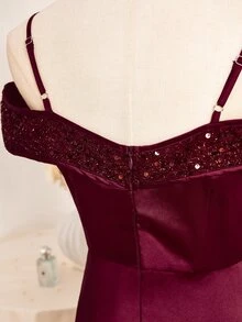Teen Girl Sequin Patchwork Satin Ruffle Spaghetti Strap Ruffle Hem Slit Full Skirt Dress For Wedding Sweet 16 Prom Performance Burgundy Summer - Burgundy - View 4