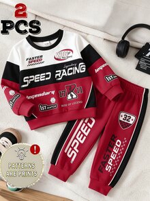 2pcs Baby Boys Sweatshirt Set Sport Red Black Racing Graphic Print Loose Long Sleeve Crew Neck School Outfits Cute Fall Vacation,1 Random Set - Multicolor - View 5