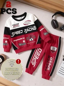 2pcs Baby Boys Sweatshirt Set Sport Red Black Racing Graphic Print Loose Long Sleeve Crew Neck School Outfits Cute Fall Vacation,1 Random Set - Multicolor - View 6