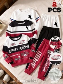 2pcs Baby Boys Sweatshirt Set Sport Red Black Racing Graphic Print Loose Long Sleeve Crew Neck School Outfits Cute Fall Vacation,1 Random Set - Multicolor - View 4
