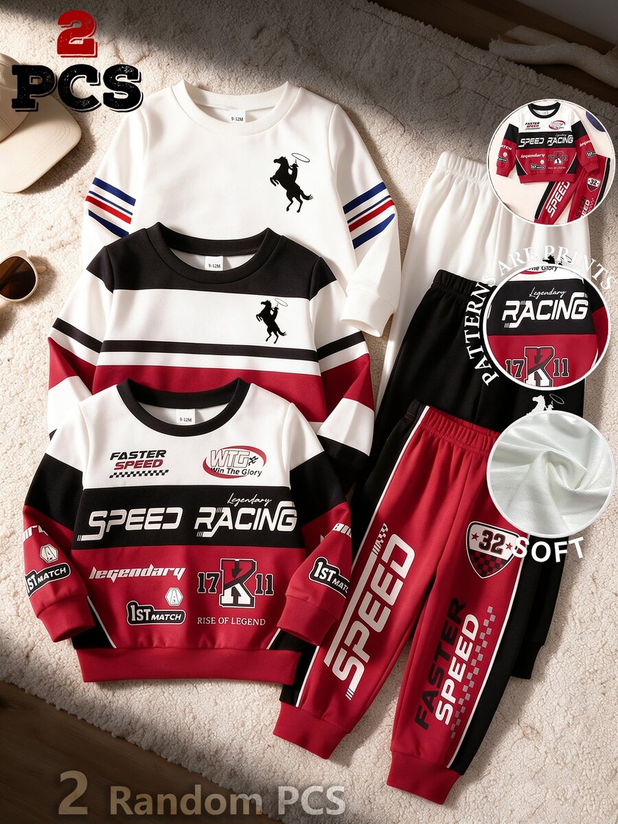 2pcs Baby Boys Sweatshirt Set Sport Red Black Racing Graphic Print Loose Long Sleeve Crew Neck School Outfits Cute Fall Vacation,1 Random Set
