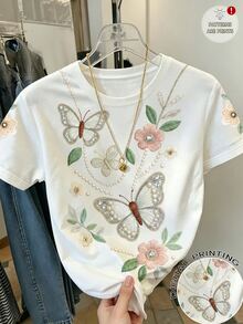 SHEIN Teen GirlCasual Vintage Butterfly & Floral Print Short Sleeve Round Neck T-Shirt, Loose Soft Comfortable Summer Tops - Multicolor - View 8