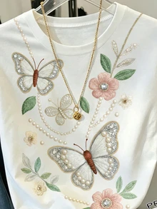 SHEIN Teen GirlCasual Vintage Butterfly & Floral Print Short Sleeve Round Neck T-Shirt, Loose Soft Comfortable Summer Tops - Multicolor - View 6