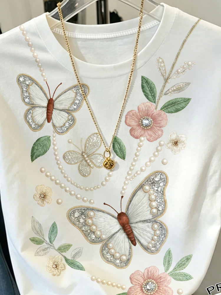 SHEIN Teen GirlCasual Vintage Butterfly & Floral Print Short Sleeve Round Neck T-Shirt, Loose Soft Comfortable Summer Tops - Multicolor - View 5