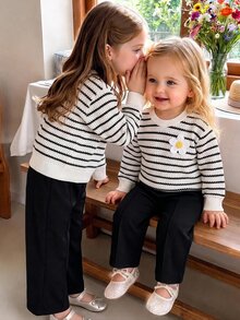 SHEIN Playful Pals 2件組幼女套頭上衣+長褲，甜美白黑條紋提花針織花卉長袖圓領休閒生日派對秋季毛衣連身褲 - 黑與白 - 查看 8