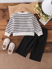 SHEIN Playful Pals 2件組幼女套頭上衣+長褲，甜美白黑條紋提花針織花卉長袖圓領休閒生日派對秋季毛衣連身褲 - 黑與白 - 查看 2