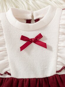 SHEIN 秋季新款女嬰優雅甜美可愛簡約休閒風對比色蝴蝶結彼得潘領紅色長袖蝴蝶結洋裝套裝 - 紅白色 - 查看 8