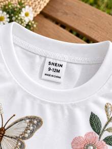 SHEIN Playful Pals 女嬰蝴蝶花卉珍珠串珠圖案白色花卉夏季可愛熱帶風圓領短袖套頭T恤上衣 6M-3T - 白色 - 查看 7