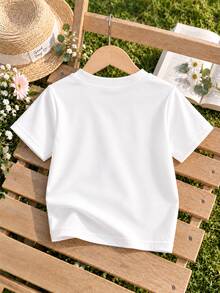 SHEIN Playful Pals 女嬰蝴蝶花卉珍珠串珠圖案白色花卉夏季可愛熱帶風圓領短袖套頭T恤上衣 6M-3T - 白色 - 查看 3