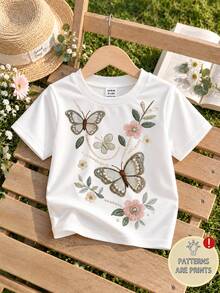 SHEIN Playful Pals 女嬰蝴蝶花卉珍珠串珠圖案白色花卉夏季可愛熱帶風圓領短袖套頭T恤上衣 6M-3T - 白色 - 查看 2