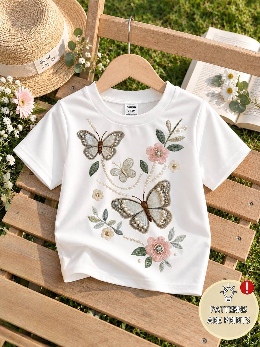 SHEIN Playful Pals 女嬰蝴蝶花卉珍珠串珠圖案白色花卉夏季可愛熱帶風圓領短袖套頭T恤上衣 6M-3T