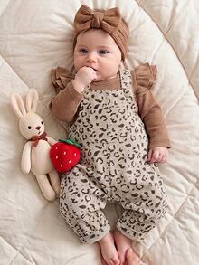 SHEIN Vintaside Kids Baby Girls Jumpsuits 1st Birthday Family Matching First Birthday Khaki Beige Autumn Casual Cute Funny Kawaii - Khaki - View 3