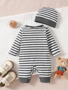 SHEIN Vintaside Kids Newborn Baby Boys Striped Bear Patch Romper - Dark Grey - View 3