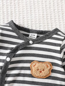 SHEIN Vintaside Kids Newborn Baby Boys Striped Bear Patch Romper - Dark Grey - View 5