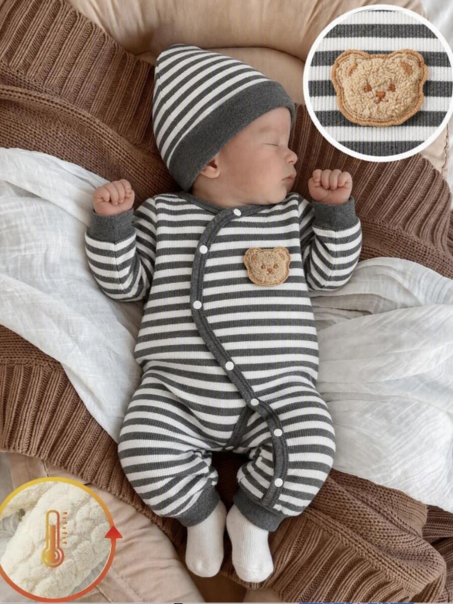 SHEIN Vintaside Kids Newborn Baby Boys Striped Bear Patch Romper - Dark Grey - View 1