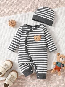 SHEIN Vintaside Kids Newborn Baby Boys Striped Bear Patch Romper - Dark Grey - View 4