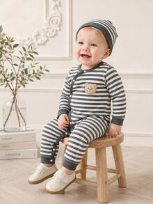 SHEIN Vintaside Kids Newborn Baby Boys Striped Bear Patch Romper - Dark Grey - View 2