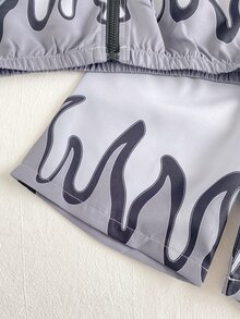 SHEIN Playful Pals 2件組男嬰夾克外套+短褲套裝，學院風灰色黑色火焰星星字母拉鍊彈性長袖立領，適合學校、戶外、秋季、假期、萬聖節、運動 - 深灰色 - 查看 10
