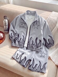 SHEIN Playful Pals 2件組男嬰夾克外套+短褲套裝，學院風灰色黑色火焰星星字母拉鍊彈性長袖立領，適合學校、戶外、秋季、假期、萬聖節、運動 - 深灰色 - 查看 7