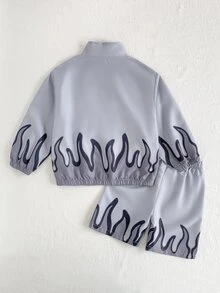 SHEIN Playful Pals 2件組男嬰夾克外套+短褲套裝，學院風灰色黑色火焰星星字母拉鍊彈性長袖立領，適合學校、戶外、秋季、假期、萬聖節、運動 - 深灰色 - 查看 2