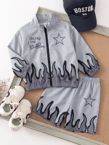 SHEIN Playful Pals 2件組男嬰夾克外套+短褲套裝，學院風灰色黑色火焰星星字母拉鍊彈性長袖立領，適合學校、戶外、秋季、假期、萬聖節、運動 - 深灰色 - 查看 6