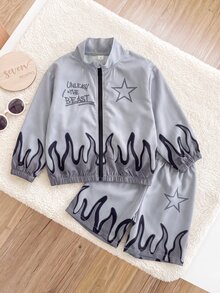 SHEIN Playful Pals 2件組男嬰夾克外套+短褲套裝，學院風灰色黑色火焰星星字母拉鍊彈性長袖立領，適合學校、戶外、秋季、假期、萬聖節、運動 - 深灰色 - 查看 1