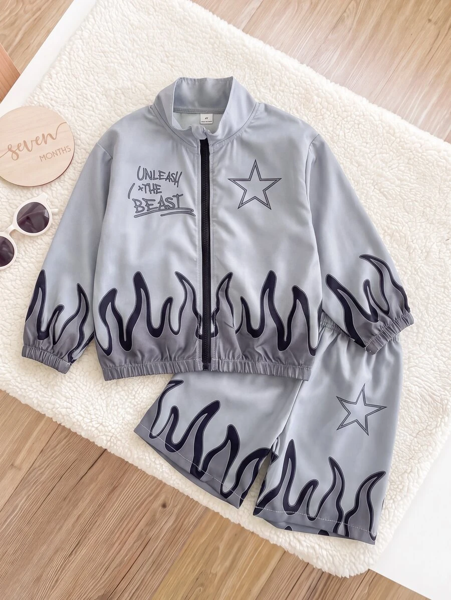 SHEIN Playful Pals 2件組男嬰夾克外套+短褲套裝,學院風灰色黑色火焰星星字母拉鍊彈性長袖立領,適合學校、戶外、秋季、假期、萬聖節、運動 - 深灰色 - 查看 1