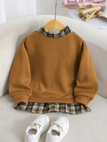 Genkimix Kids 女童 4-7 歲學院風 2 合 1 秋季上衣套頭加厚抓絨衛衣 格紋長袖襯衫 校園日常戶外感恩節穿搭 - 棕色 - 查看 2