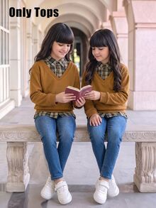 Genkimix Kids 女童 4-7 歲學院風 2 合 1 秋季上衣套頭加厚抓絨衛衣 格紋長袖襯衫 校園日常戶外感恩節穿搭 - 棕色 - 查看 5