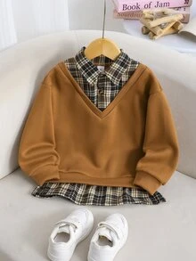 Genkimix Kids 女童 4-7 歲學院風 2 合 1 秋季上衣套頭加厚抓絨衛衣 格紋長袖襯衫 校園日常戶外感恩節穿搭 - 棕色 - 查看 3