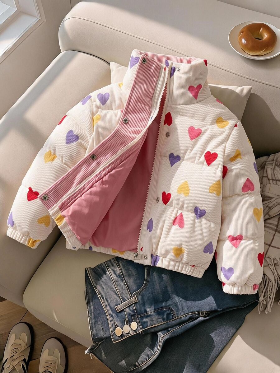 SHEIN Elladie kids 女童冬季甜美風白色立領愛心印花燈芯絨加厚填充外套,對比內裡、鈕扣開合 - 淺粉色 - 查看 1