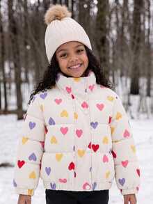SHEIN Elladie kids 女童冬季甜美風白色立領愛心印花燈芯絨加厚填充外套，對比內裡、鈕扣開合 - 淺粉色 - 查看 2
