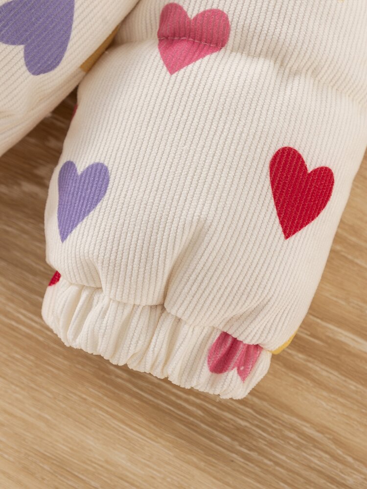 Mantel Corduroy Tebal Bergaya Manis Musim Dingin untuk Anak Perempuan Warna Beige dengan Kerah Tegak dan Motif Hati, Lapisan Kontras dan Penutup Kancing, Mantel Empuk - Baby Pink - View 10