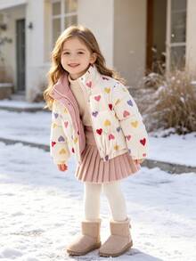 SHEIN Elladie kids 女童冬季甜美風白色立領愛心印花燈芯絨加厚填充外套，對比內裡、鈕扣開合 - 淺粉色 - 查看 6