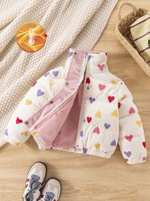 SHEIN Elladie kids 女童冬季甜美風白色立領愛心印花燈芯絨加厚填充外套，對比內裡、鈕扣開合 - 淺粉色 - 查看 11