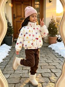 SHEIN Elladie kids 女童冬季甜美風白色立領愛心印花燈芯絨加厚填充外套，對比內裡、鈕扣開合 - 淺粉色 - 查看 4