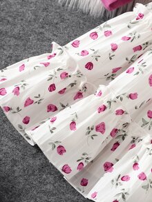 SHEIN Elladie kids 女童新款時尚西裝領長袖外套配鬆緊腰A字分層花卉印花吊帶洋裝2件套，適合日常休閒、度假、春秋季 - 玫紅色 - 查看 8