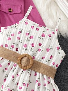 SHEIN Elladie kids 女童新款時尚西裝領長袖外套配鬆緊腰A字分層花卉印花吊帶洋裝2件套，適合日常休閒、度假、春秋季 - 玫紅色 - 查看 5