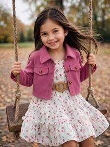 SHEIN Elladie kids 女童新款時尚西裝領長袖外套配鬆緊腰A字分層花卉印花吊帶洋裝2件套，適合日常休閒、度假、春秋季 - 玫紅色 - 查看 4