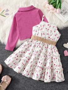 SHEIN Elladie kids 女童新款時尚西裝領長袖外套配鬆緊腰A字分層花卉印花吊帶洋裝2件套，適合日常休閒、度假、春秋季 - 玫紅色 - 查看 2