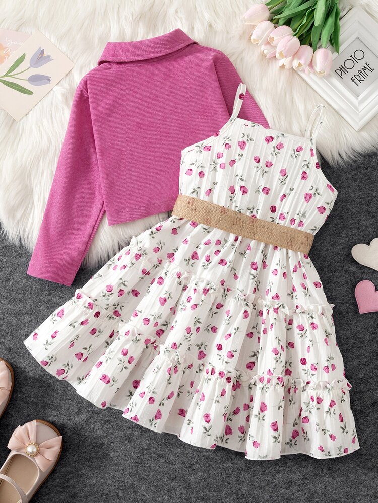 SHEIN Elladie kids Young Girls New Fashion Blazer Collar Long Sleeve Jacket With Elastic Waist A-Line Tiered Floral Print Cami Dress 2-Piece Set, Suitable For Daily Casual, Vacation, Spring/Autumn - Hot Pink - View 2