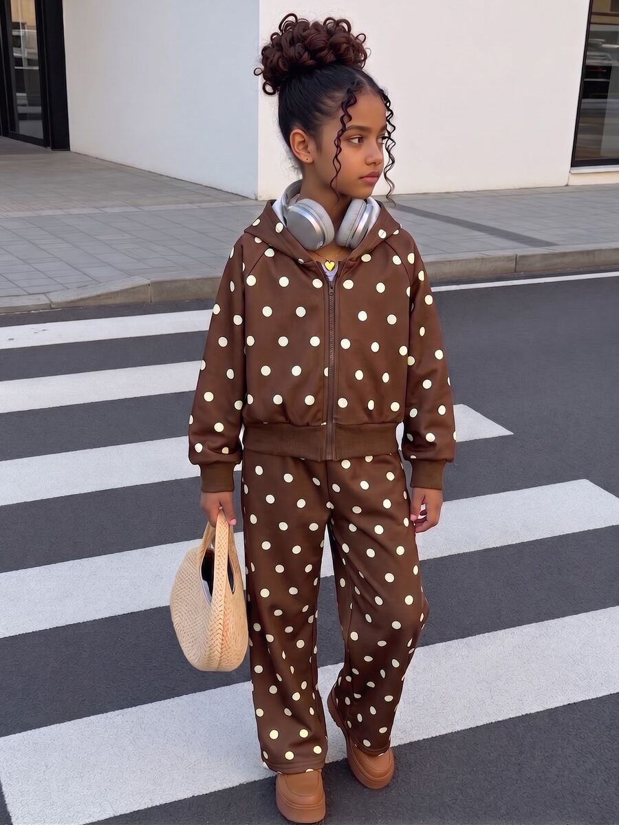 SHEIN Elladie kids 女童針織波點寬鬆衛衣與寬腿褲套裝,秋冬款,適合日常、返校、外出 - 棕色 - 查看 1