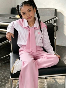 Young Girl 3pcs/Sets Casual Equestrian Small Print Striped Long Sleeve Shirt + Straight Leg Pants , Suitable For Daily/Various All Seasons - Pink - View 3