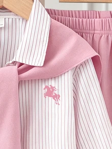 Young Girl 3pcs/Sets Casual Equestrian Small Print Striped Long Sleeve Shirt + Straight Leg Pants , Suitable For Daily/Various All Seasons - Pink - View 4