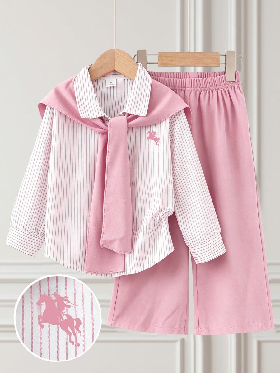 Young Girl 3pcs/Sets Casual Equestrian Small Print Striped Long Sleeve Shirt + Straight Leg Pants , Suitable For Daily/Various All Seasons - Pink - View 1