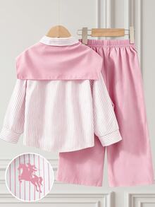 Young Girl 3pcs/Sets Casual Equestrian Small Print Striped Long Sleeve Shirt + Straight Leg Pants , Suitable For Daily/Various All Seasons - Pink - View 2