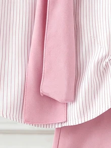 Young Girl 3pcs/Sets Casual Equestrian Small Print Striped Long Sleeve Shirt + Straight Leg Pants , Suitable For Daily/Various All Seasons - Pink - View 5
