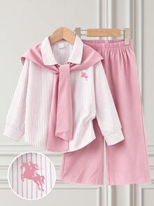 Young Girl 3pcs/Sets Casual Equestrian Small Print Striped Long Sleeve Shirt + Straight Leg Pants , Suitable For Daily/Various All Seasons - Pink - View 6