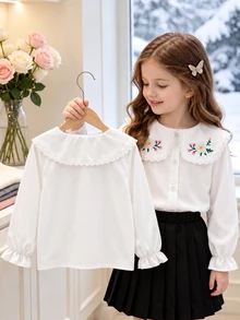 SHEIN Elladie kids 女童印花仿刺繡襯衫 荷葉邊飾蕾絲領 白色長袖校服襯衫 嬰兒洗禮花童款 秋季仙女牛仔女孩風 - 白色 - 查看 4